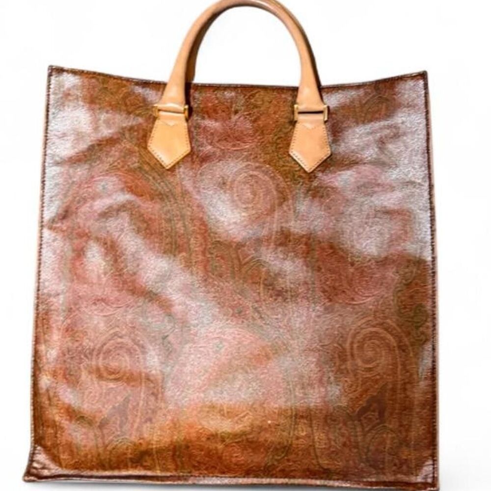 Etro Milano Large Paisley Shopping Tote Brown Coated Canvas Leather Italy Bag